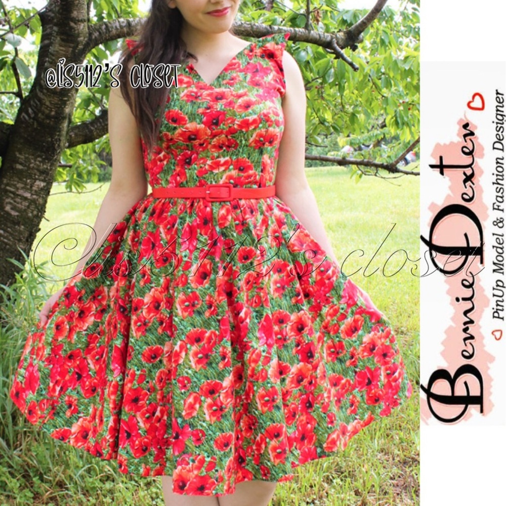 Bernie Dexter Poppies Floral Poppy Print Swan Pinup Swing Dress Sz L // Large